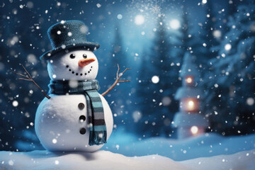 Merry christmas and happy new year greeting card with copy-space. Happy snowman standing in christmas landscape. Snow background. Winter fairytale.