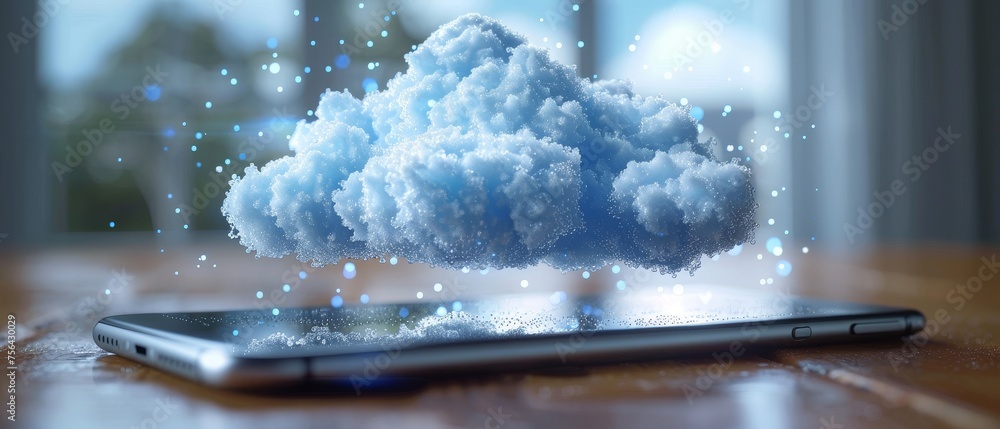 Aufkleber Smart phone icon with 3D cloud overscreen. Cloud computing background concept. Data uploaded to internet online storage. Cell phone syncs with online cloud storage.