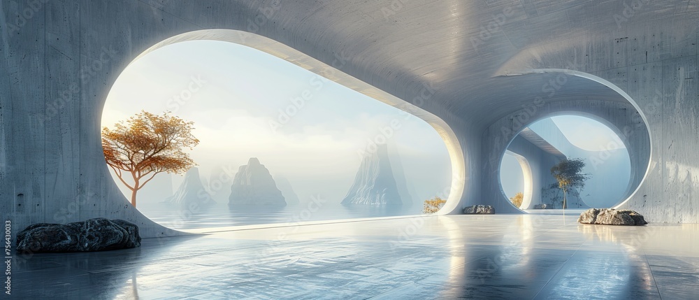 Aufkleber an abstract futuristic architecture with concrete floors in 3d....