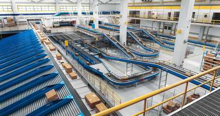 Modern Delivery Logistics Warehouse with Working Automated Conveyor Belt with Retail Parcels,...