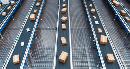 Modern Delivery Logistics Warehouse with Working Automated Conveyor Belt with Retail Parcels,...