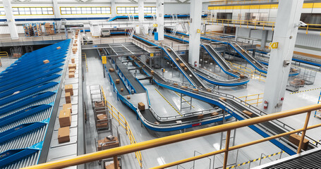 Parcels, Cardboard Boxes and Packages Lying on a Conveyor Belt at a Modern Logistics Center with Automated Sorting Technology. VFX 3D Graphics in a Mail Delivery Warehouse Hub