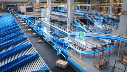 Augmented Reality VFX Visualization in a High Tech Logistics Center with Working Automated Conveyor Belt with Retail Parcels, Delivery Boxes and Online Shopping Orders Being Prepared for Shipping - obrazy, fototapety, plakaty