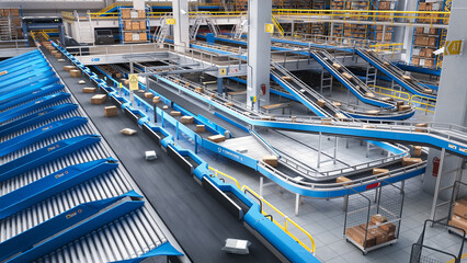 Modern Delivery Logistics Warehouse with Working Automated Conveyor Belt with Retail Parcels,...