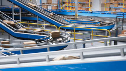 Establishing Shot: Modern Delivery Logistics Station Warehouse with Working Automated Conveyor Belt with Retail Parcels, Cardboard Boxes and Online Shopping Orders Being Prepared for Shipping