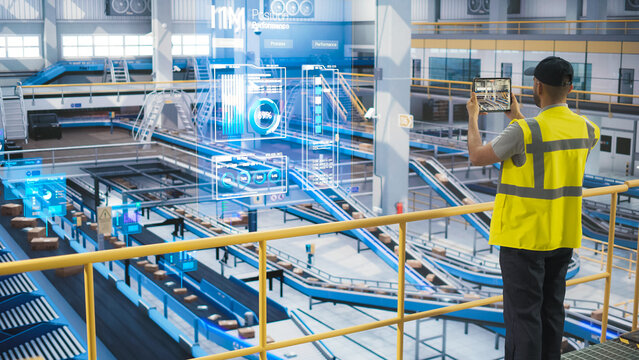 Male in a High Visibility Vest Using Tablet with Augmented Reality App. Worker Monitoring Efficiency in a Logistics Center with Automated Belt Conveyors for Sorting Retail Orders. VFX Visualization