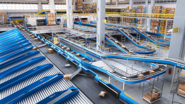 Modern Delivery Logistics Warehouse with Working Automated Conveyor Belt with Retail Parcels, Cardboard Boxes and Online Shopping Orders Being Prepared for Shipping
