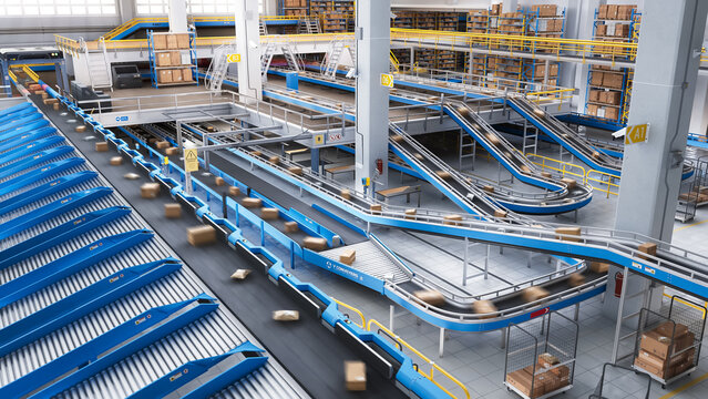 Automated Conveyor Belt Sorting Mechanism in a Logistics Center. Automatic Engineering Solution Handling and Preparing Parcels for Delivery to Clients. Warehouse Shot