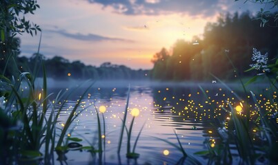 Fireflies Dancing Over Calm Lake