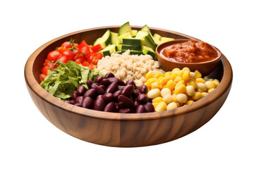 bowl with brown rice, lentils, grilled vegetables, avocado and ketchup Served with whole grain bread Isolated on transparent background.