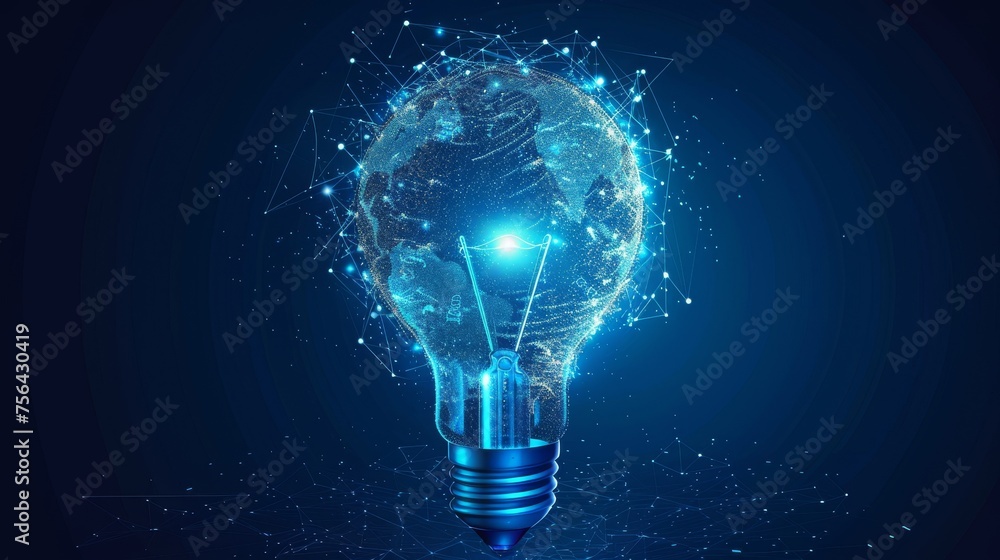 Poster an abstract blue light bulb with a planet earth inside. earth hour ecology concept. geometric backgr
