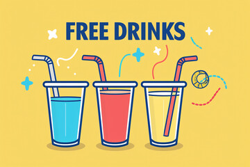Flat design of drinks with "FREE DRINKS" promotion