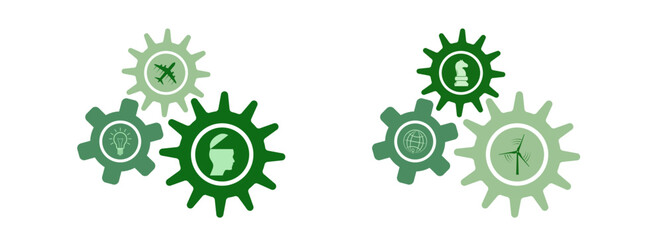 Go green strategy concept cogwheels set vector design with business concept icons. Gears set graphic to use for technology, business, teamwork, mechanics and engineering projects. 