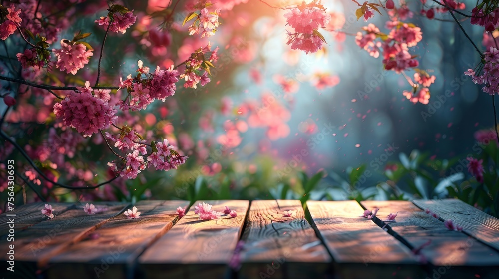 Poster in sakura flower park with bokeh background, an empty wooden table with a country outdoor theme, tem