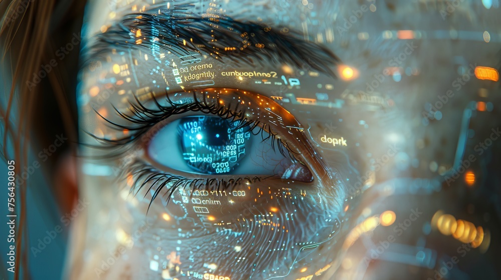Poster animated eye hud on a futuristic monitor. code and information holograms. future concept.