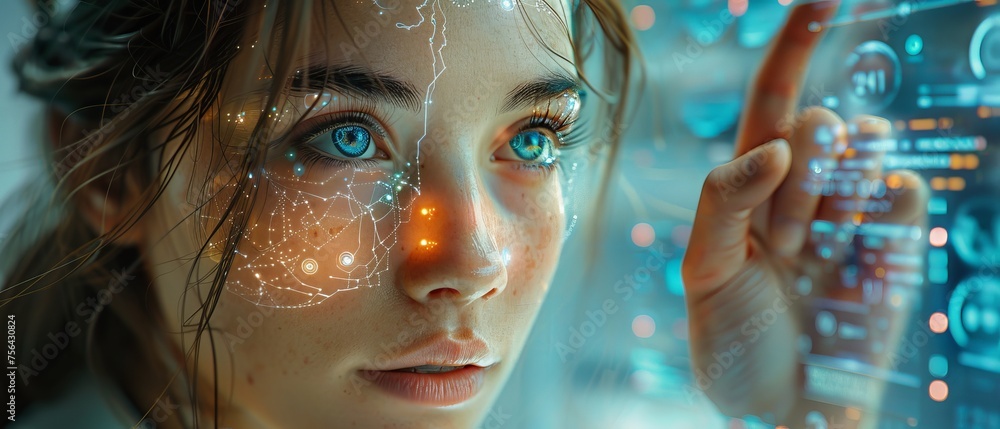 Poster Artificial intelligence in image robot woman working on transparent computer touch screen. Artificial intelligence analyst data on display of computer. Cyborg woman. Artificial neural networks.