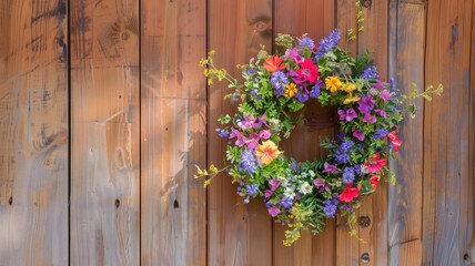 Fototapeta na wymiar Colorful floral wreath on rustic wooden door, symbolizing home and welcome