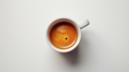 Cup of coffee on a white background, top view, copy space. - obrazy, fototapety, plakaty