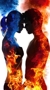 Guy and girl like fire and water on a white background