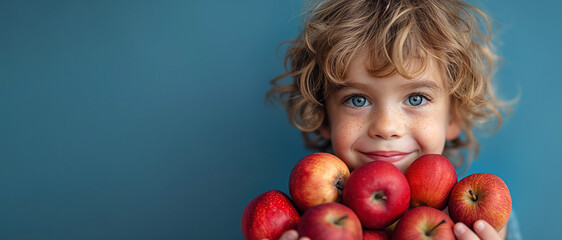 happy smiling kid boy child holds in hands a harvest of fruit apples on blue isolated background....