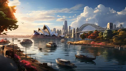 Foto op Plexiglas A modern cityscape with Australian city surrounded by green parks and water with floating boats. © tynza