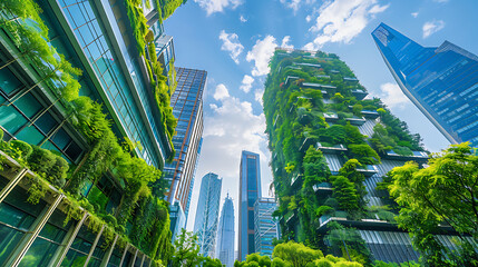 Futuristic city skyline adorned with sustainable skyscrapers and green spaces, envisioning a greener and more environmentally conscious urban landscape - obrazy, fototapety, plakaty
