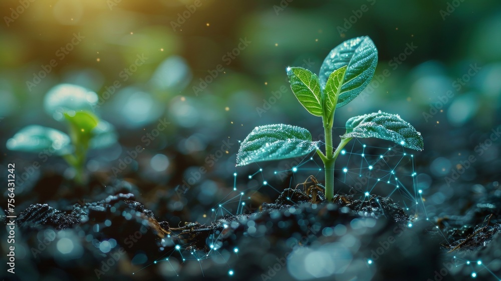 Fototapete modern illustration of green plant sprout with blue wifi symbol. conceptual design of agriculture se