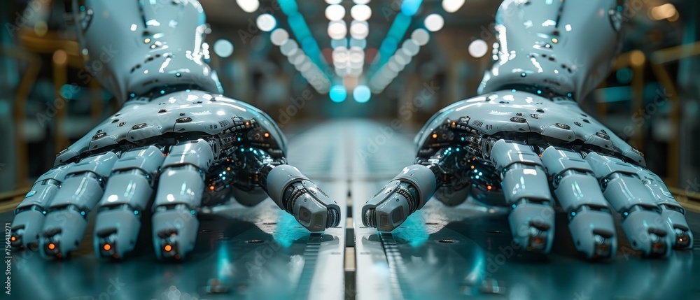 Poster mechatronic cyborg assembling on factory floor. automation manufacturing 4.0 concept. intelligent ma