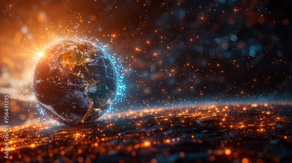 Leinwandbilder geometric background with wireframe light connections sphere structure. abstract planet earth globe.