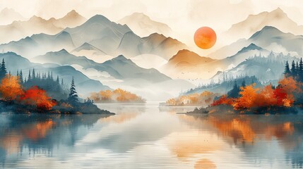 The background has an abstract artistic design. A landscape painting, painted in Chinese style, with golden textures, painted in ink. Modern art, prints, wallpapers, posters and murals.