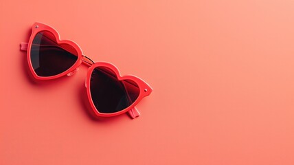 Red heart-shaped sunglasses resting on a matching red backdrop - obrazy, fototapety, plakaty