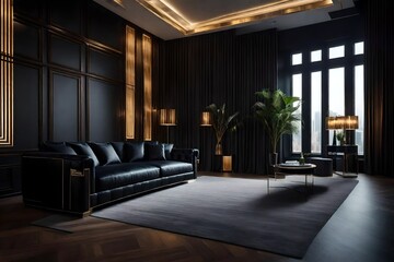 living room with black sofa