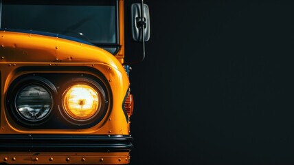 Classic yellow school bus with illuminated headlight at dusk