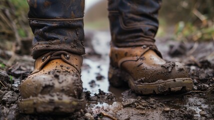 Close-up of muddy hiking boots on a challenging outdoor trail