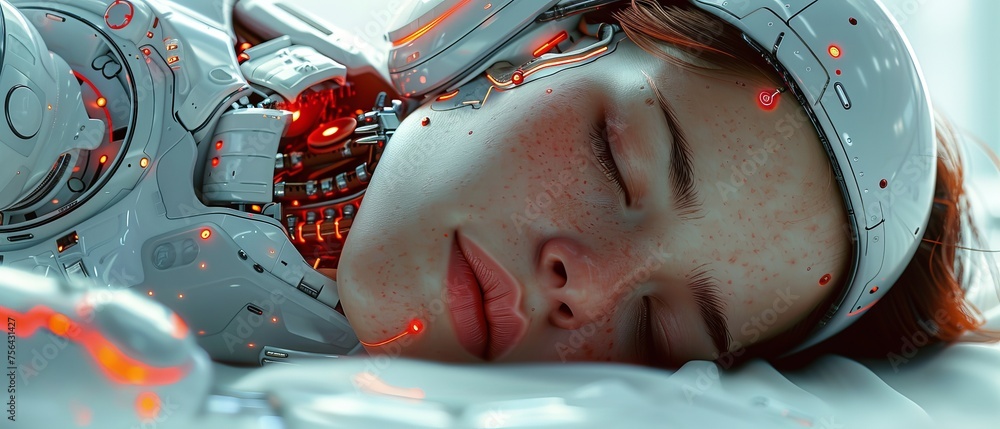 Leinwandbilder cyberspace woman curls up and sleeps. humanoid anthropomorphic female robot with connection cables a
