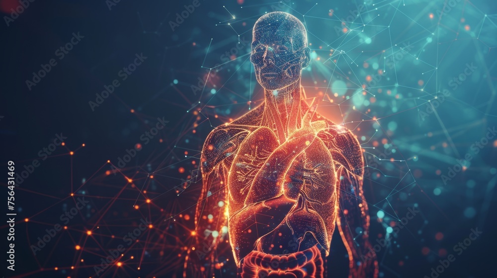 Poster this is the cardiovascular system. isolated heart with pain center. low poly wireframe. 3d polygonal
