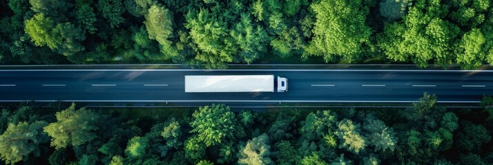 Aerial view of car and truck on highway road, drone footage with ample space for text placement