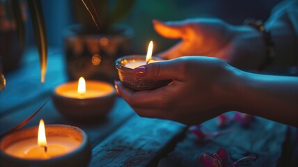 Hands holding a lit Diwali diya amidst other candles, with a festive ambiance