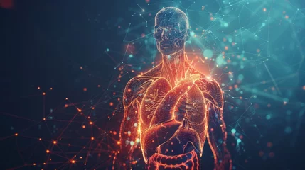 Foto op Aluminium This is the cardiovascular system.  isolated heart with pain center. Low poly wireframe. 3D polygonal human body with organs on a dark background. Medicine concept. © Zaleman