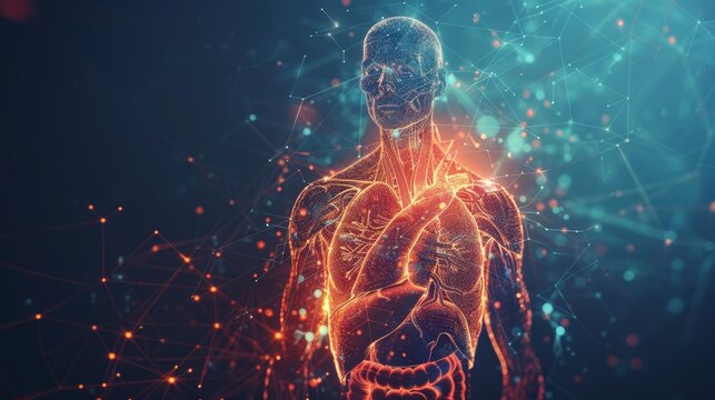 This is the cardiovascular system.  isolated heart with pain center. Low poly wireframe. 3D polygonal human body with organs on a dark background. Medicine concept.