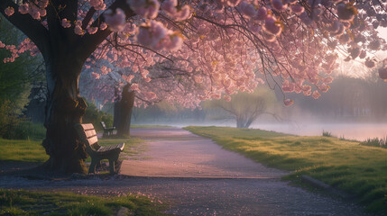 spring morning landscape with pink flowers and a bench in the background