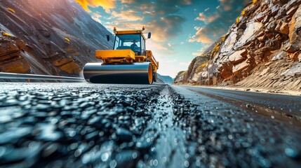 Yellow road roller compacting fresh asphalt on newly paved road surface for durability - obrazy, fototapety, plakaty