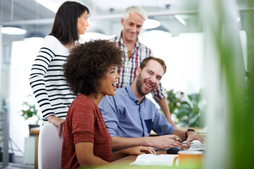 Happy people, creative business and meeting with team for collaboration, planning or project at office. Group of employees with smile for productivity, startup or funny discussion at the workplace