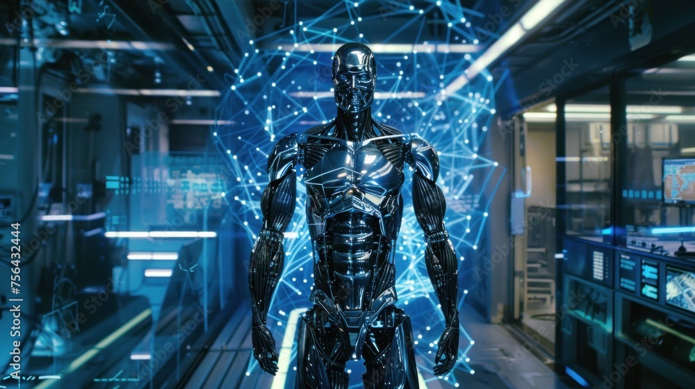 Poster ai in laboratory. sleek humanoid robot standing confidently among advanced tech
