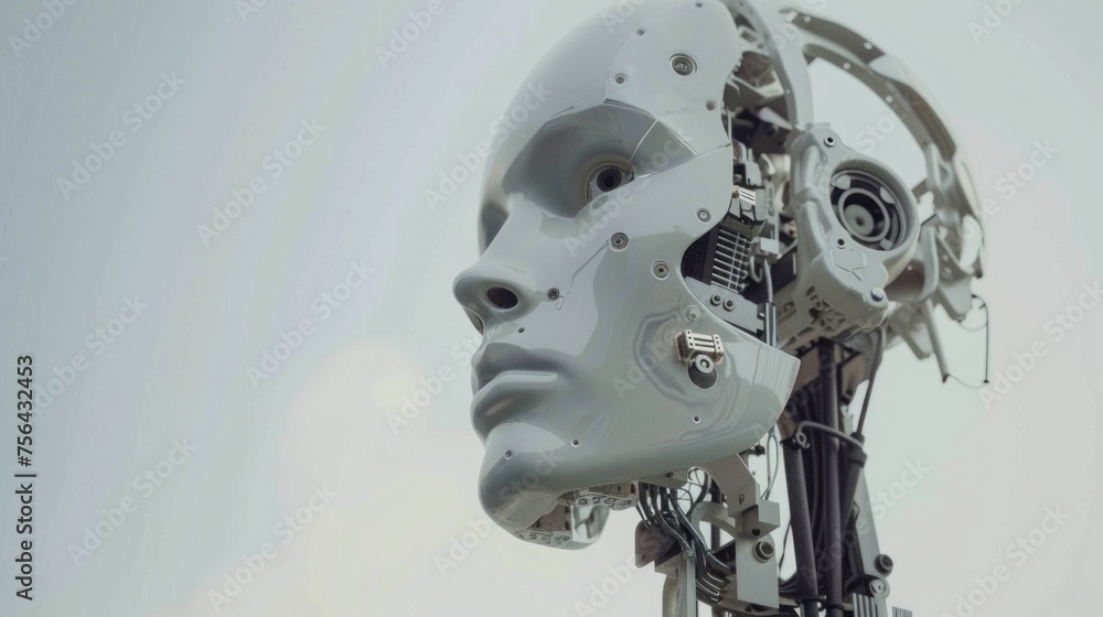 Poster futuristic android head design with exposed mechanical parts, representing melding of technology and