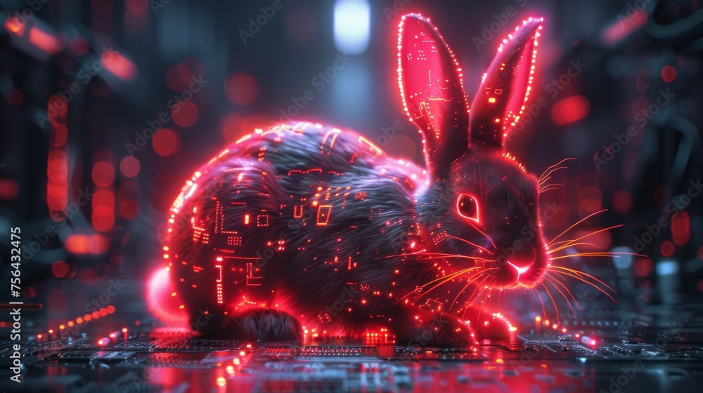 Poster Easter neon bunny in futuristic style. 3D model of hare ears with computer board pattern.