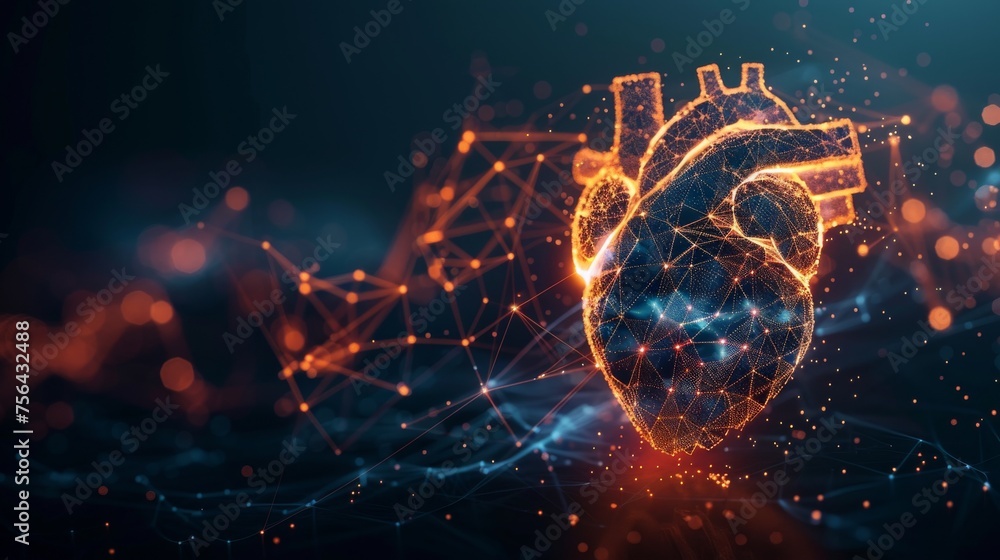 Leinwandbilder heart beat wave with low polygon density on dark background. abstract heartbeat or cardiogram with l