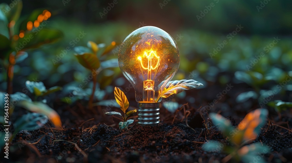 Aufkleber an idea or concept about energy and the environment that involves a light bulb glowing in soil