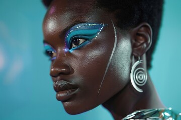 Afrofuturistic portrait of a Black model with bold, graphic makeup.