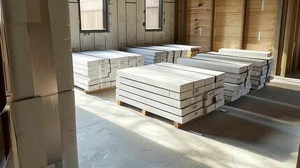 Warehouse Interior with Stacked Drywall Sheets. Generative ai